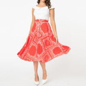 Unique Vintage Red Bandana Print Swing Skirt